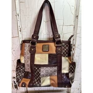 Jose Hess Danbury Mint Patchwork Tote Bag Brown Gold Tan Large Shoulder Purse